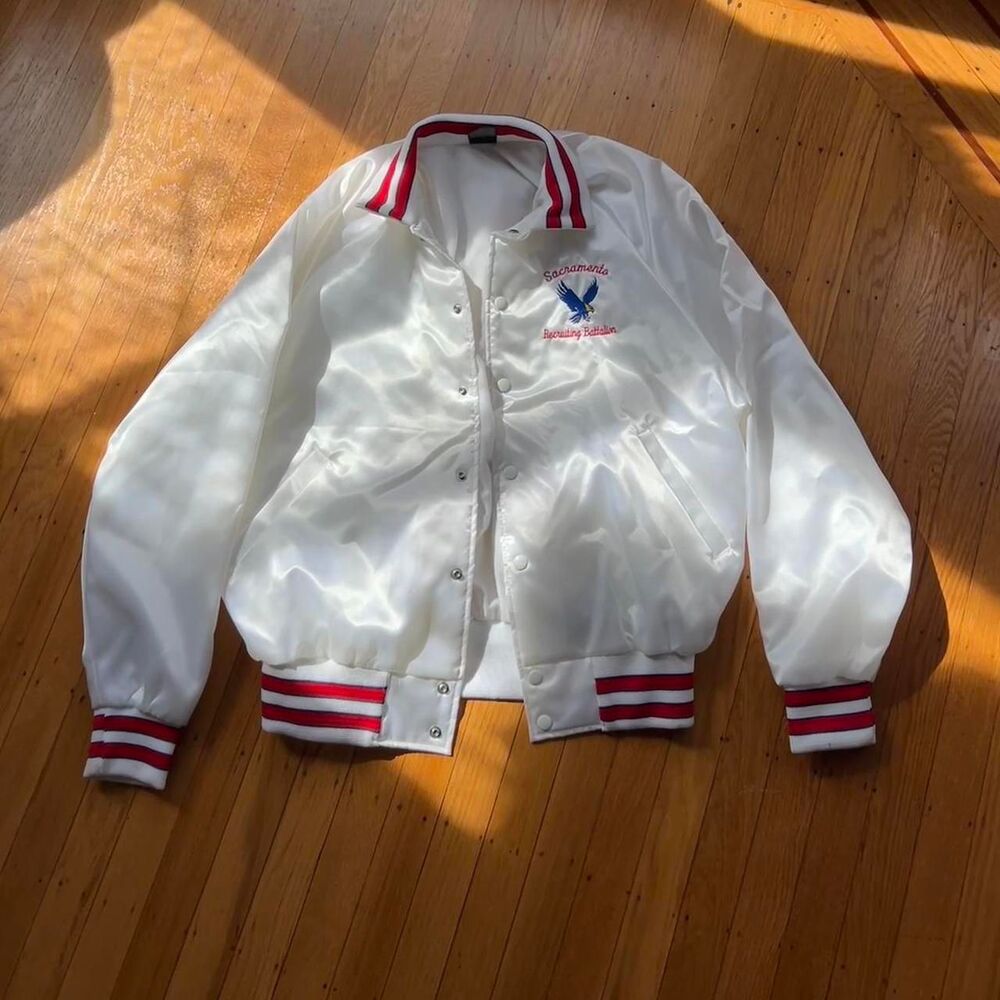 Vtg 1980s White Satin Varsity Bomber Jacket Large Mens Sacramento Battalion - Picture 1 of 6